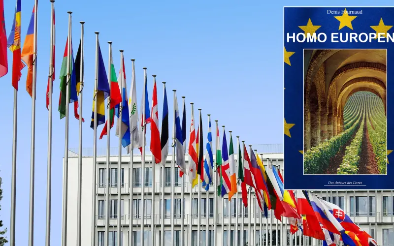 drapeaux européens devant bâtiment institutionnel et couverture libro homo europens